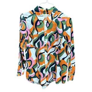 Boden Multi Color Linen Long Sleeve Button Down Top Size 12 Petite